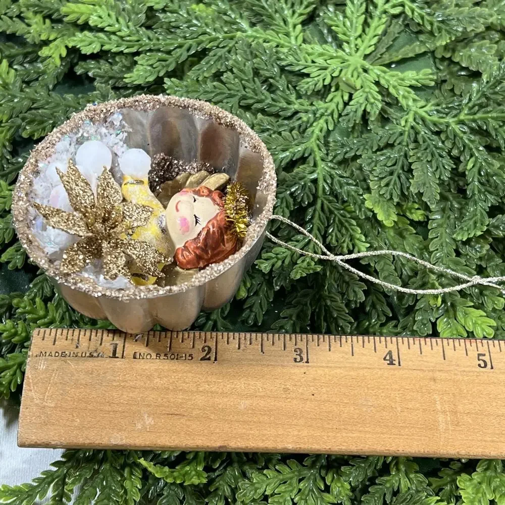Vintage Round Tart Tin Angel Snow Diorama Mid Century Style Glitter Ornament